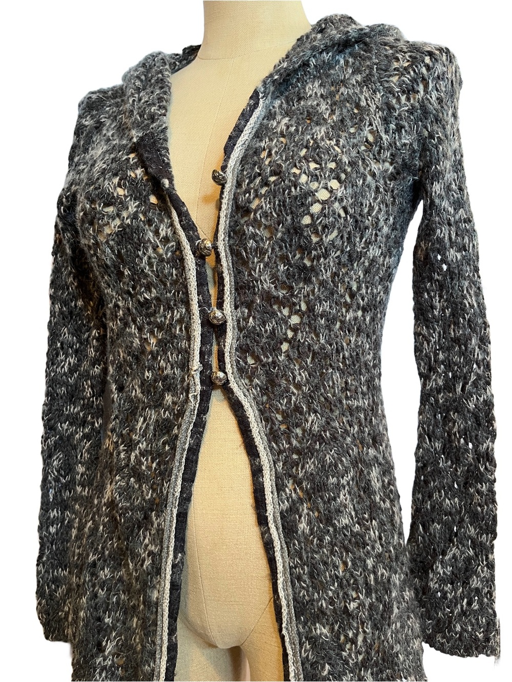 Free People Marled Gray Open-Knit Hooded Cardigan ornate buttons, XS